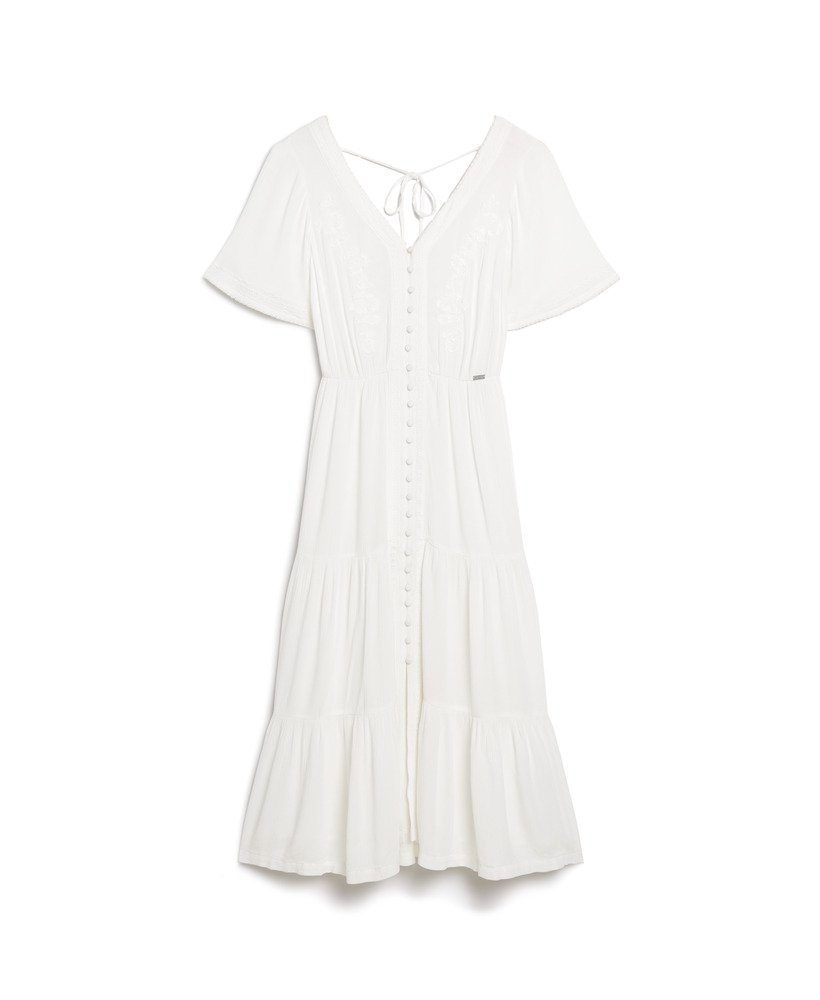 vestido midi bordado em camadas na cor branco off-white.