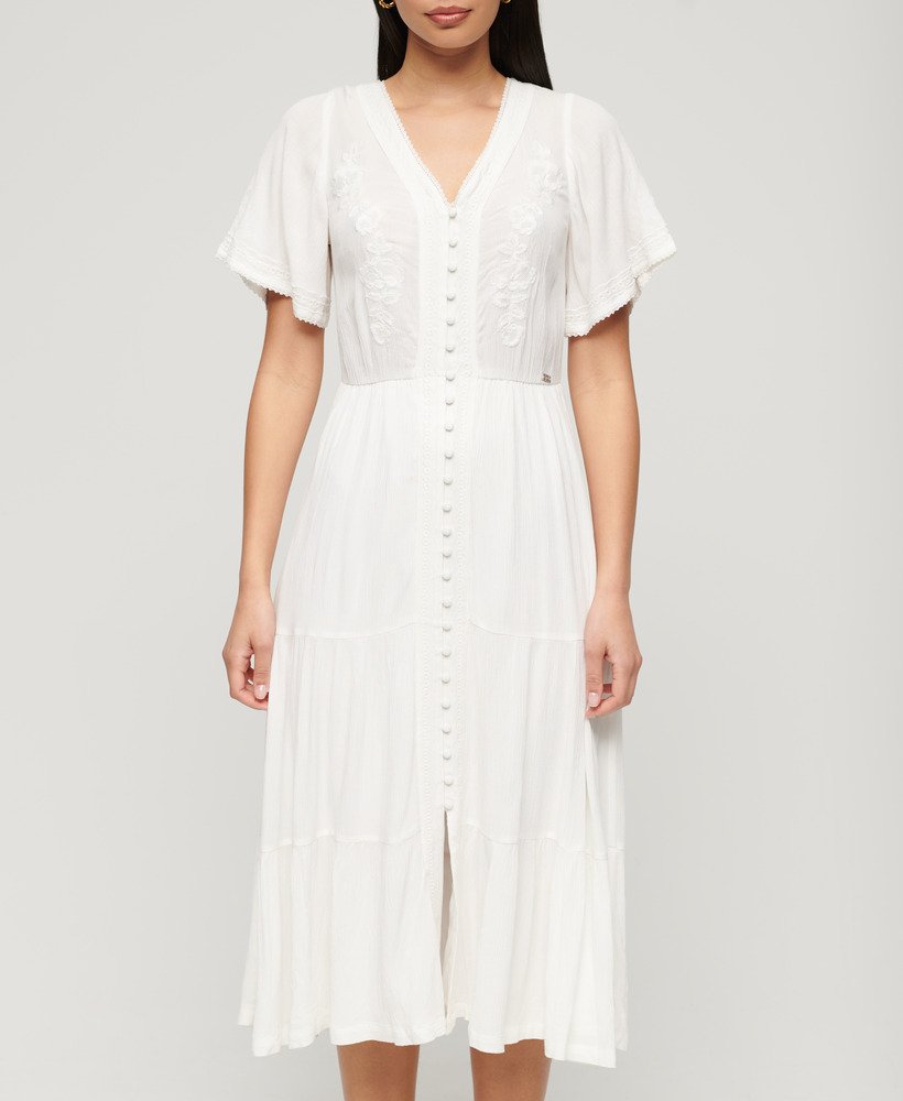 vestido midi bordado em camadas na cor branco off-white.