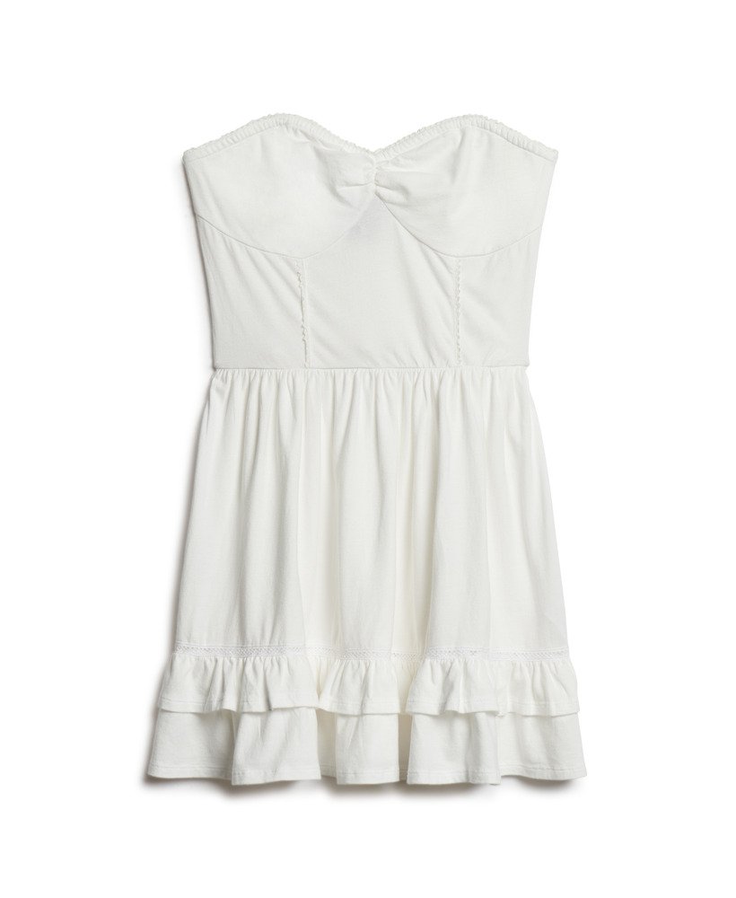vestido curto bandeau de renda estilo anos 50 na cor óptica.