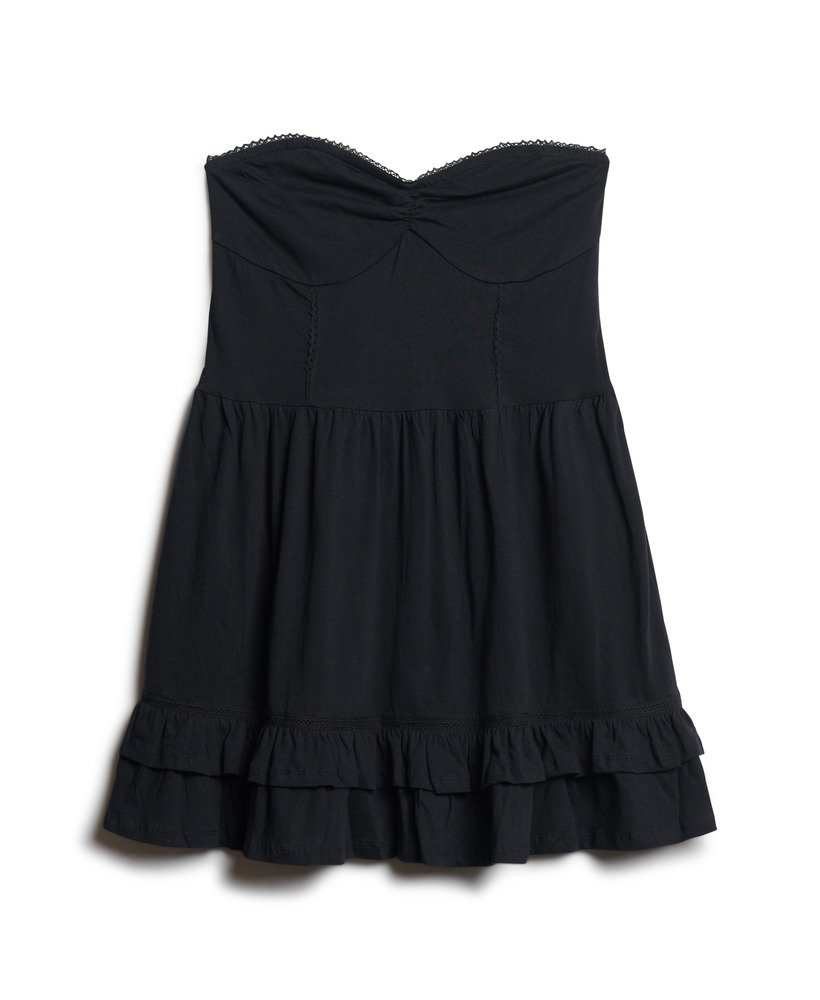 vestido curto bandeau de renda estilo anos 50 na cor preta.