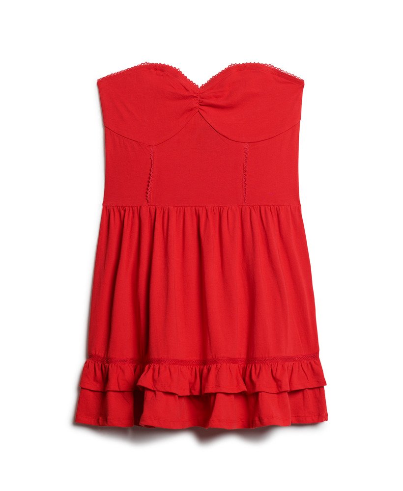 vestido curto bandeau de renda estilo anos 50 na cor vermelho risco.