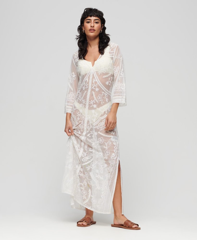 vestido longo de renda para saída de praia na cor cru