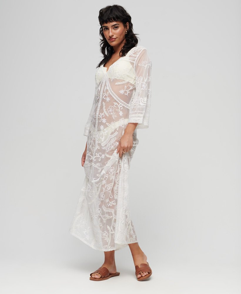 vestido longo de renda para saída de praia na cor cru