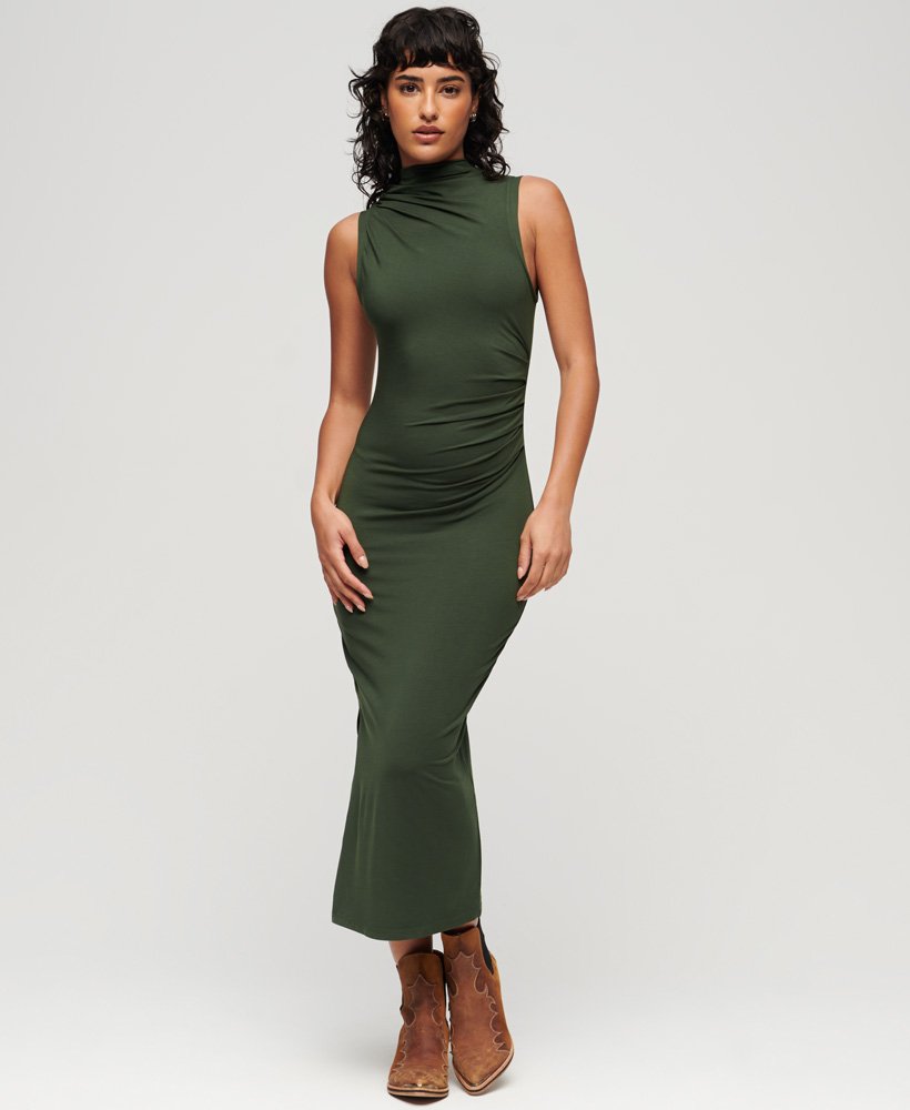 vestido midi franzido em jérsei na cor verde bolsa de viagem