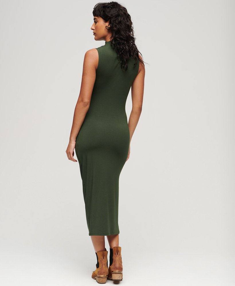 vestido midi franzido em jérsei na cor verde bolsa de viagem