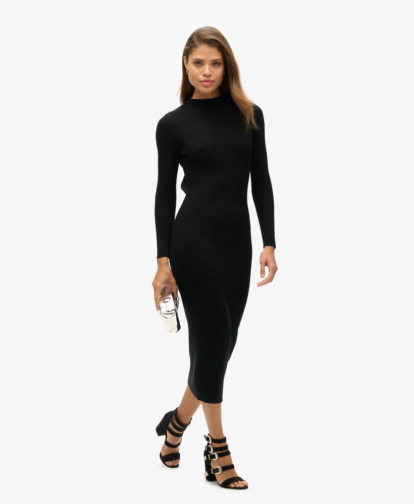 vestido midi justo e sem costas na cor preta.