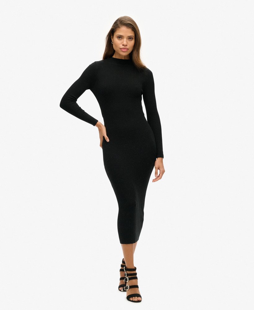 vestido midi justo e sem costas na cor preta.