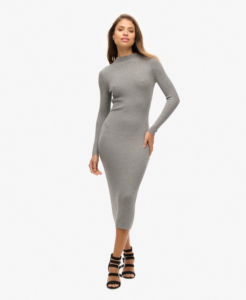 vestido midi justo e sem costas na cor cinza mescla.