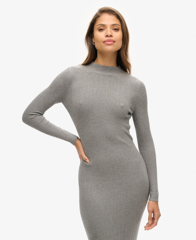 vestido midi justo e sem costas na cor cinza mescla.