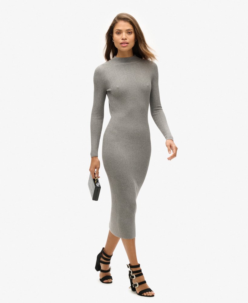 vestido midi justo e sem costas na cor cinza mescla.