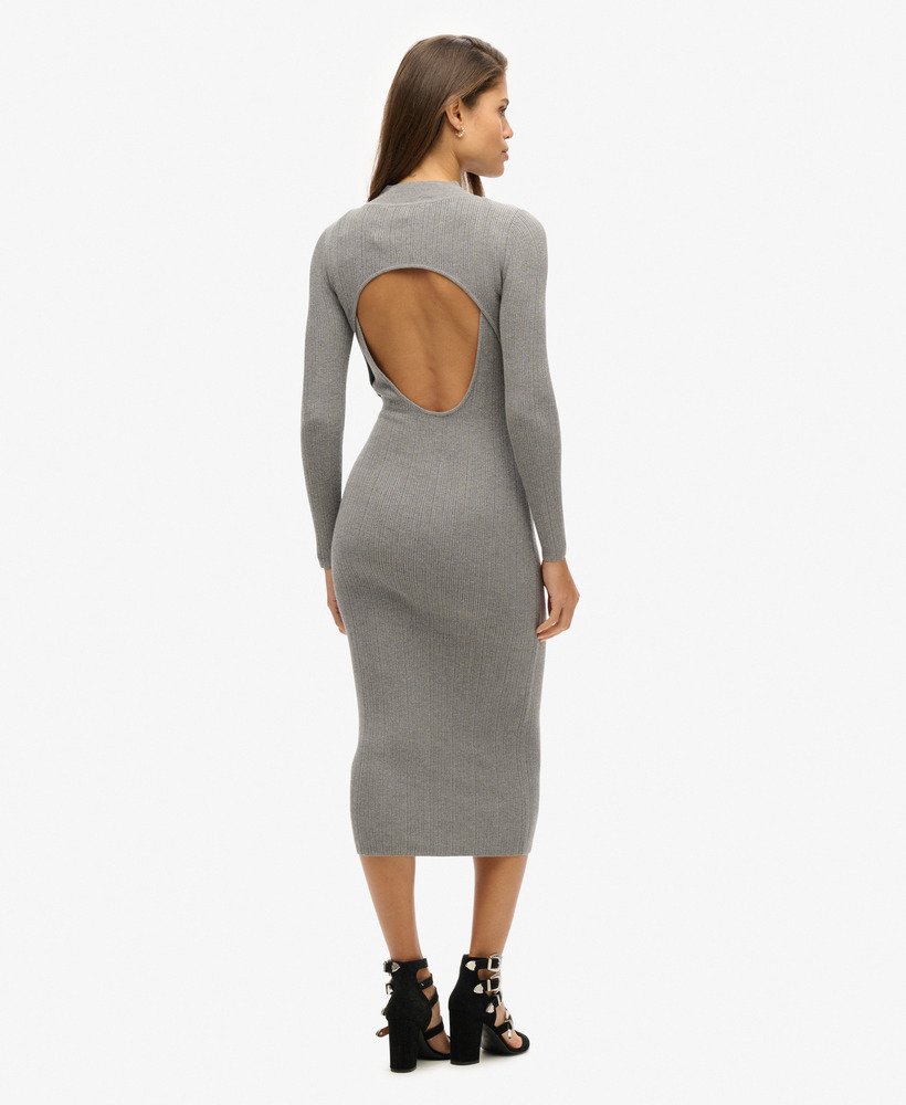 vestido midi justo e sem costas na cor cinza mescla.