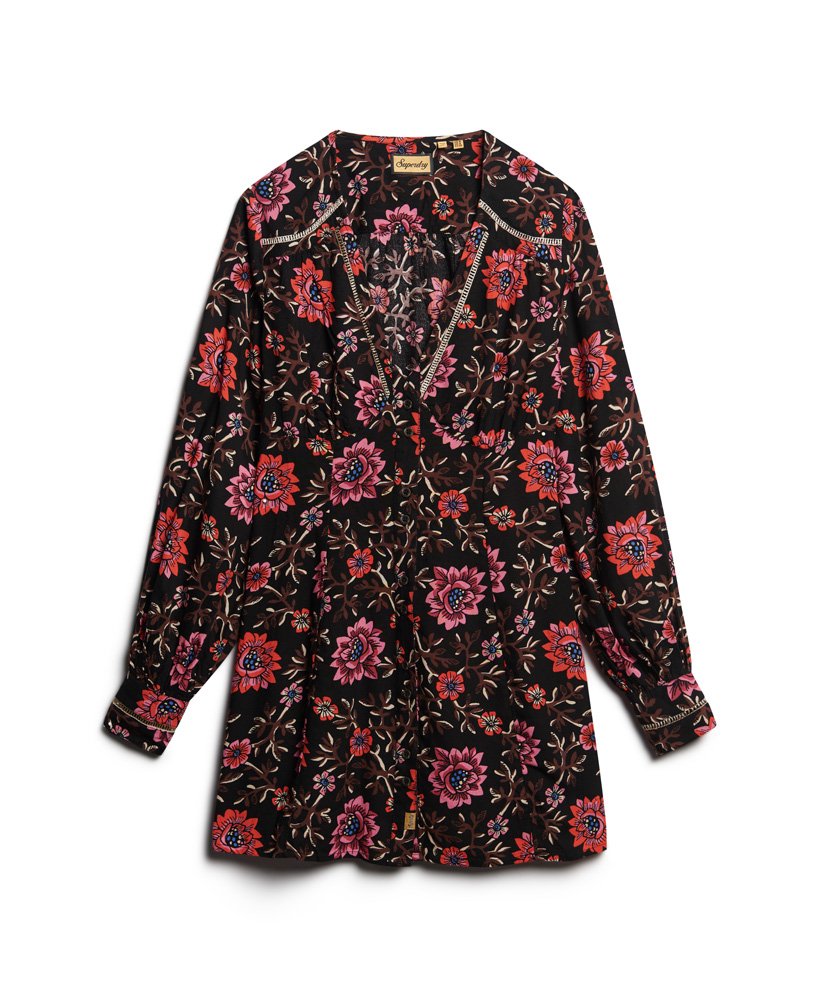vestido curto de chá com decote em v e estampa floral mori marrom.