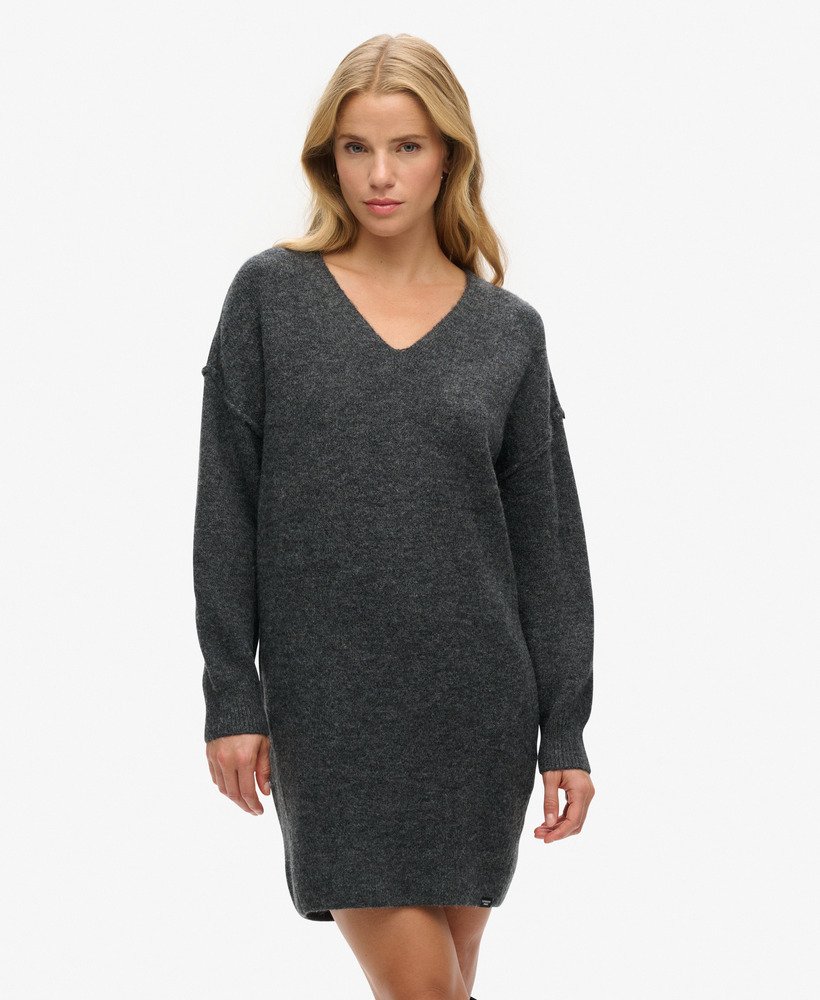 vestido suéter de malha com decote em v na cor cinza mescla iron gate