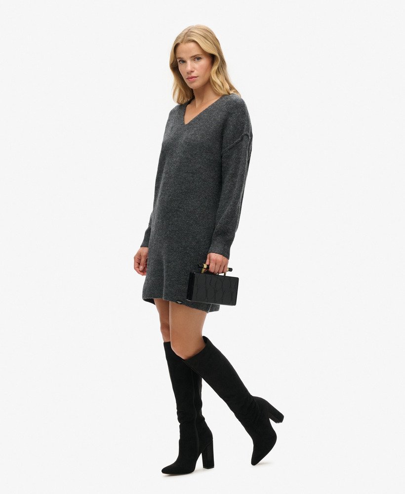 vestido suéter de malha com decote em v na cor cinza mescla iron gate
