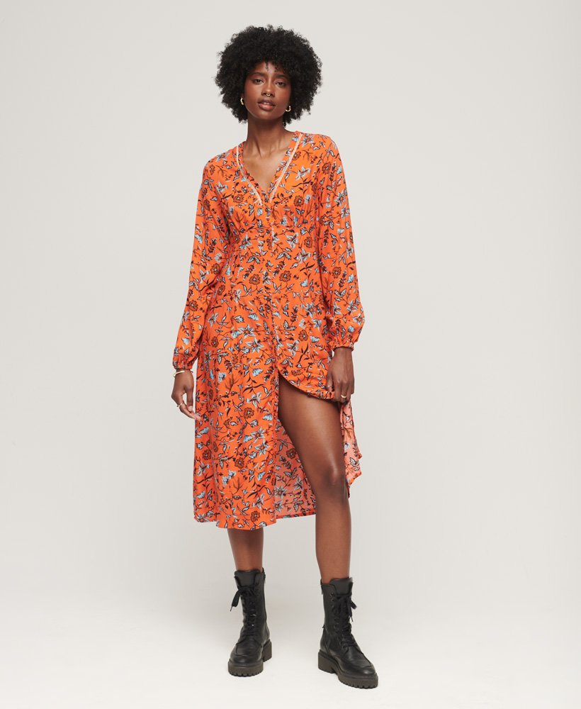 vestido midi estampado com decote em v na cor laranja winterbloom.