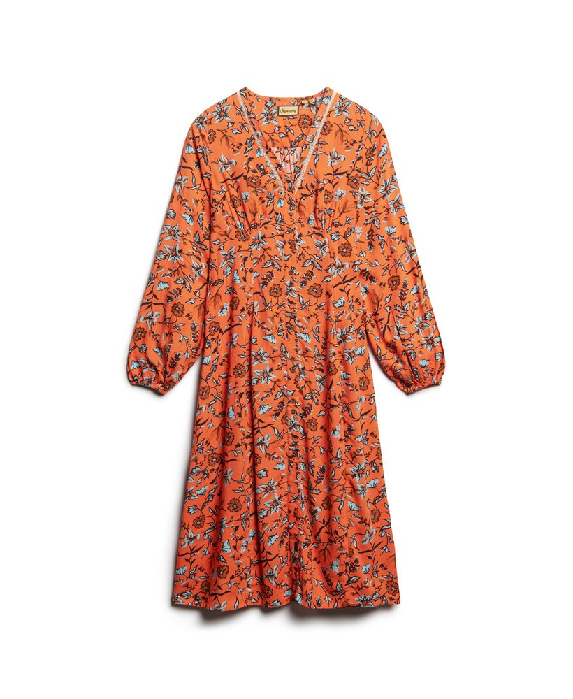 vestido midi estampado com decote em v na cor laranja winterbloom.