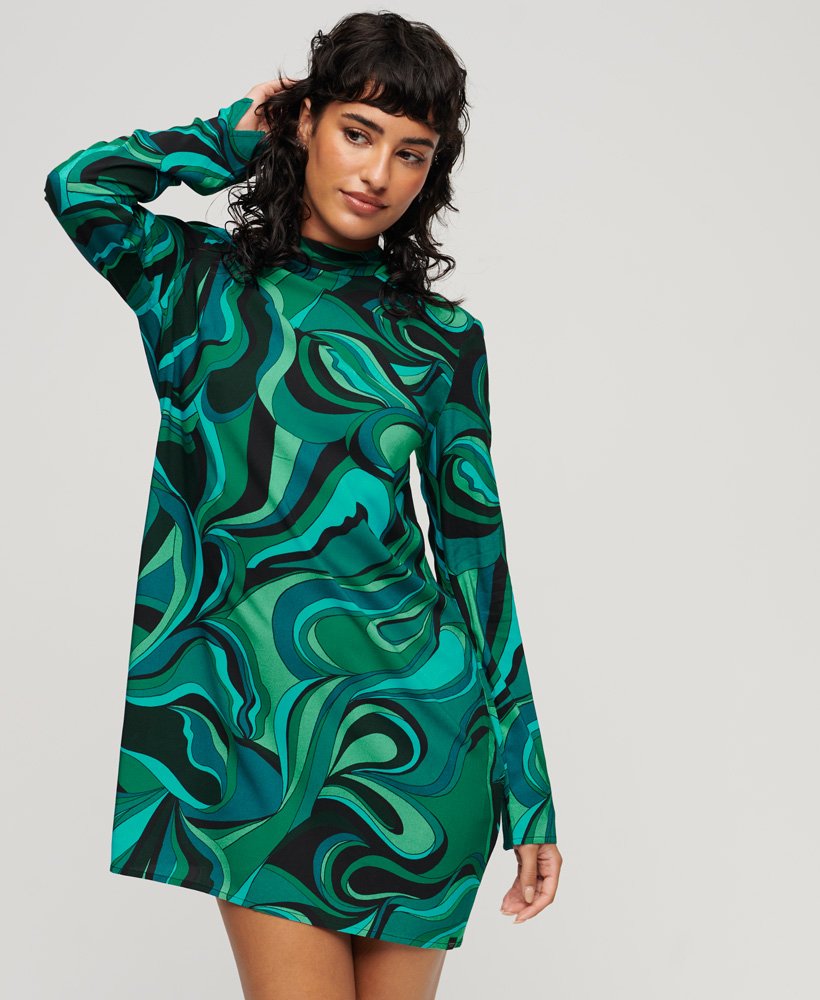 vestido curto estampado de manga comprida na cor verde presley