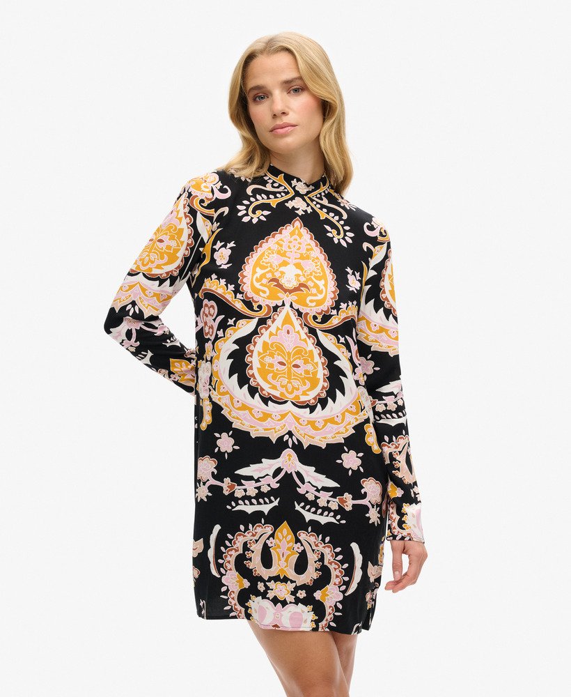 vestido curto estampado de manga comprida em nico paisley preto