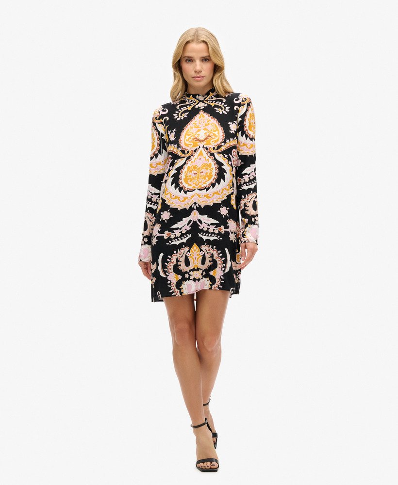 vestido curto estampado de manga comprida em nico paisley preto