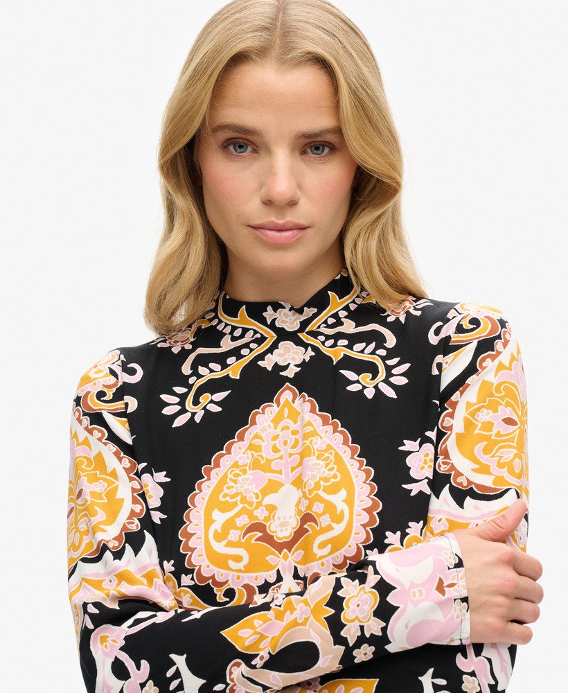 vestido curto estampado de manga comprida em nico paisley preto