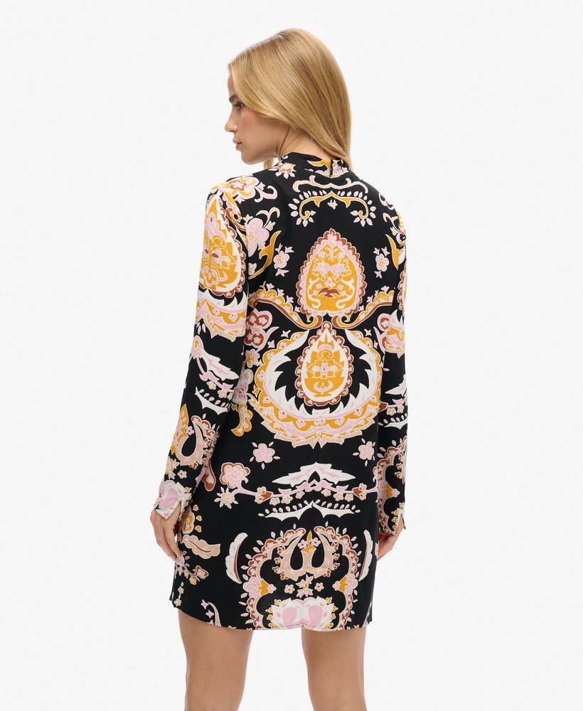 vestido curto estampado de manga comprida em nico paisley preto