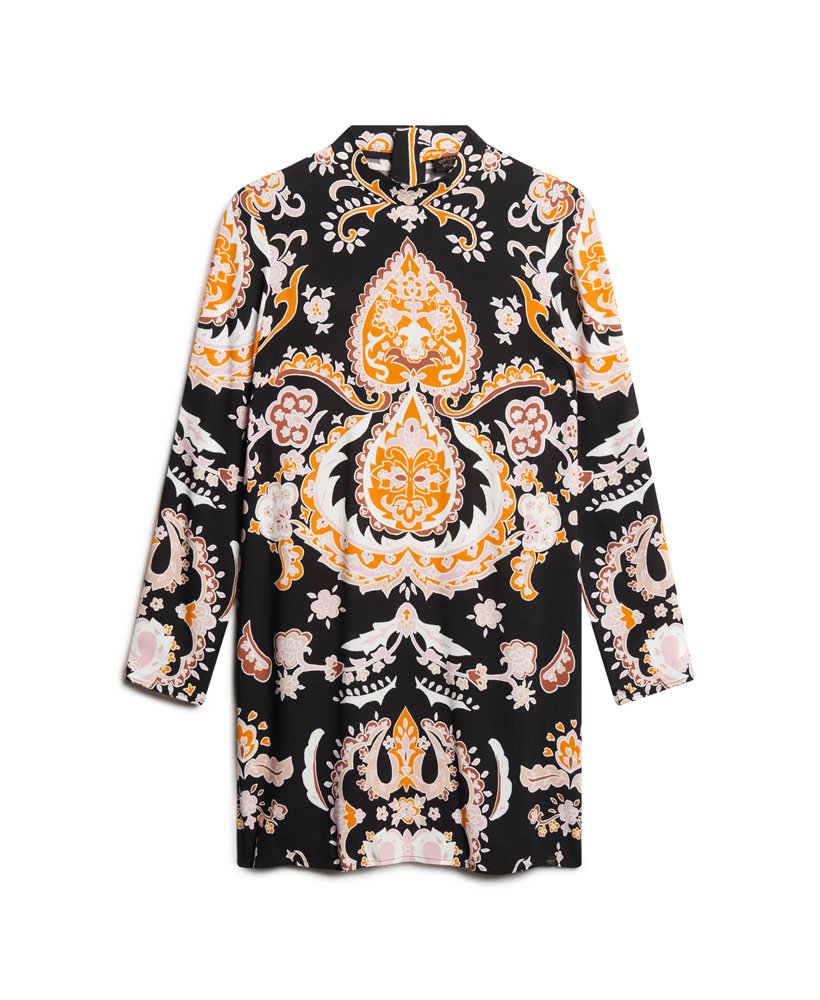 vestido curto estampado de manga comprida em nico paisley preto