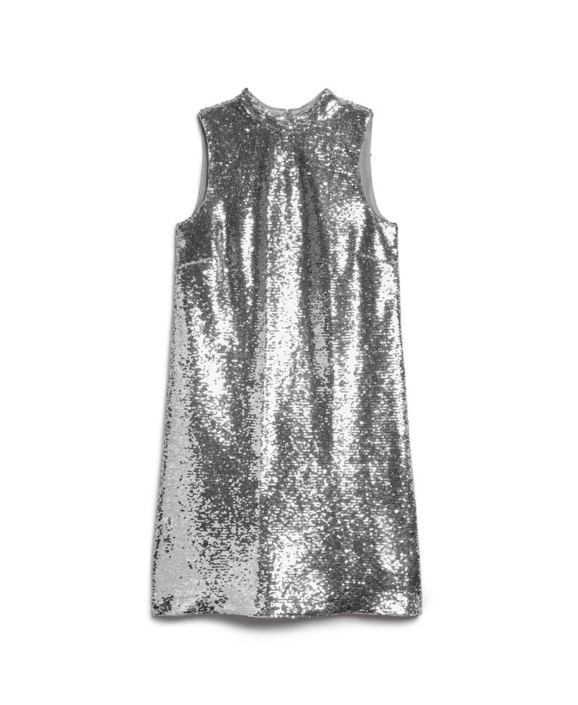 vestido curto de lantejoulas prateadas