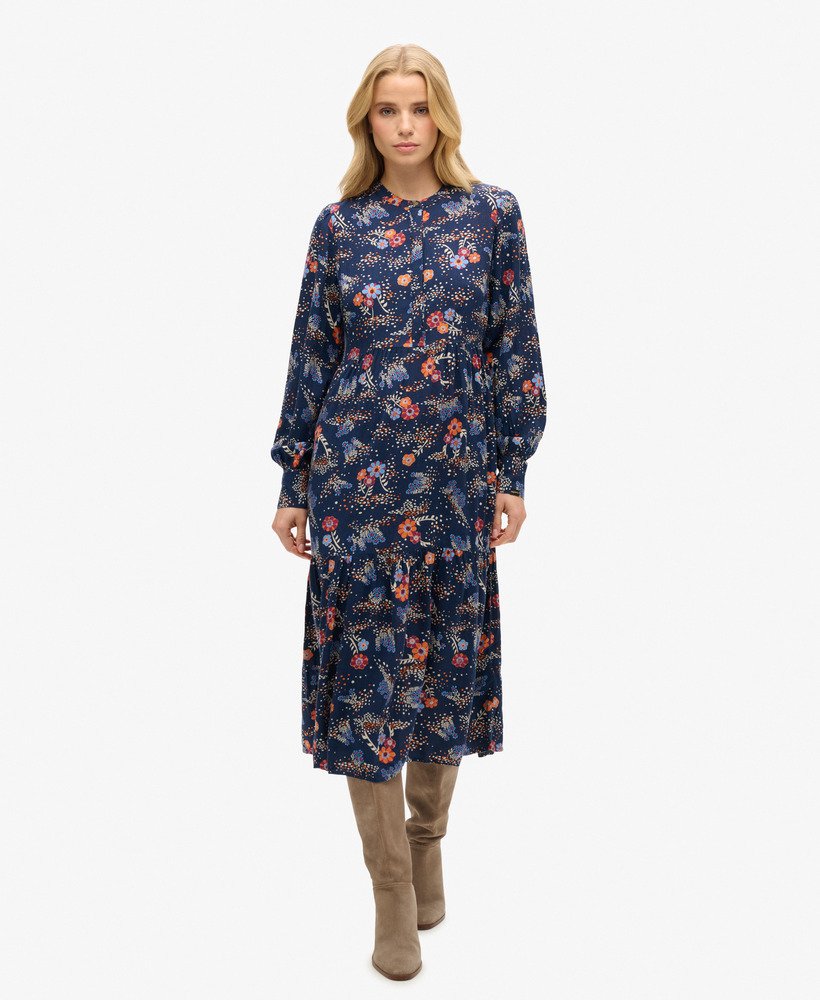 vestido midi de manga comprida com camadas em estampa floral alma azul.