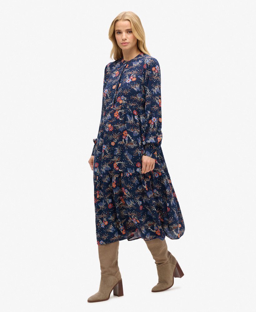 vestido midi de manga comprida com camadas em estampa floral alma azul.