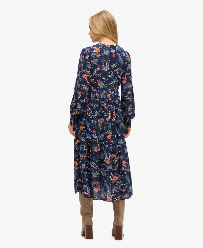 vestido midi de manga comprida com camadas em estampa floral alma azul.