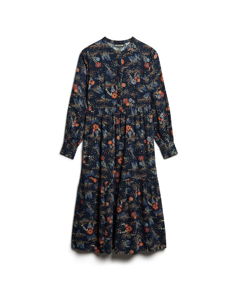 vestido midi de manga comprida com camadas em estampa floral alma azul.