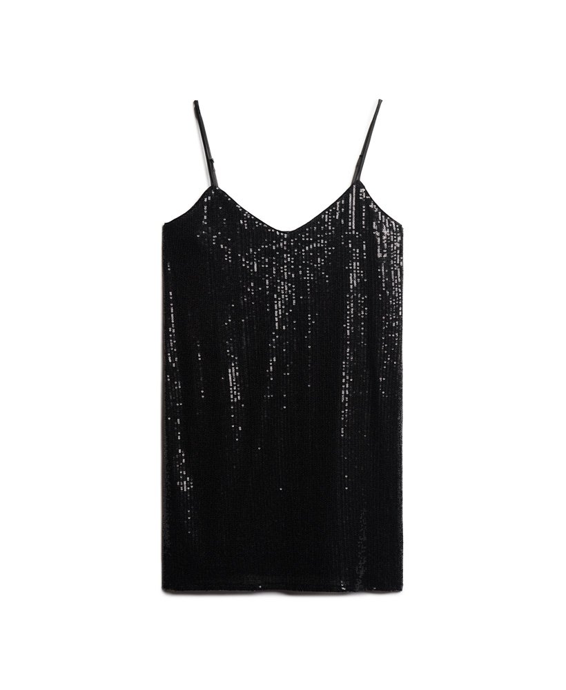 vestido curto de alcinha com lantejoulas pretas.