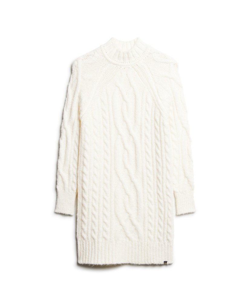 vestido suéter de gola alta em tricô trançado na cor branco off-white.