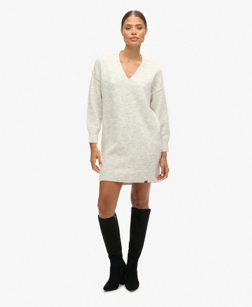 vestido de malha com decote em v na cor cinza mesclado glaciar