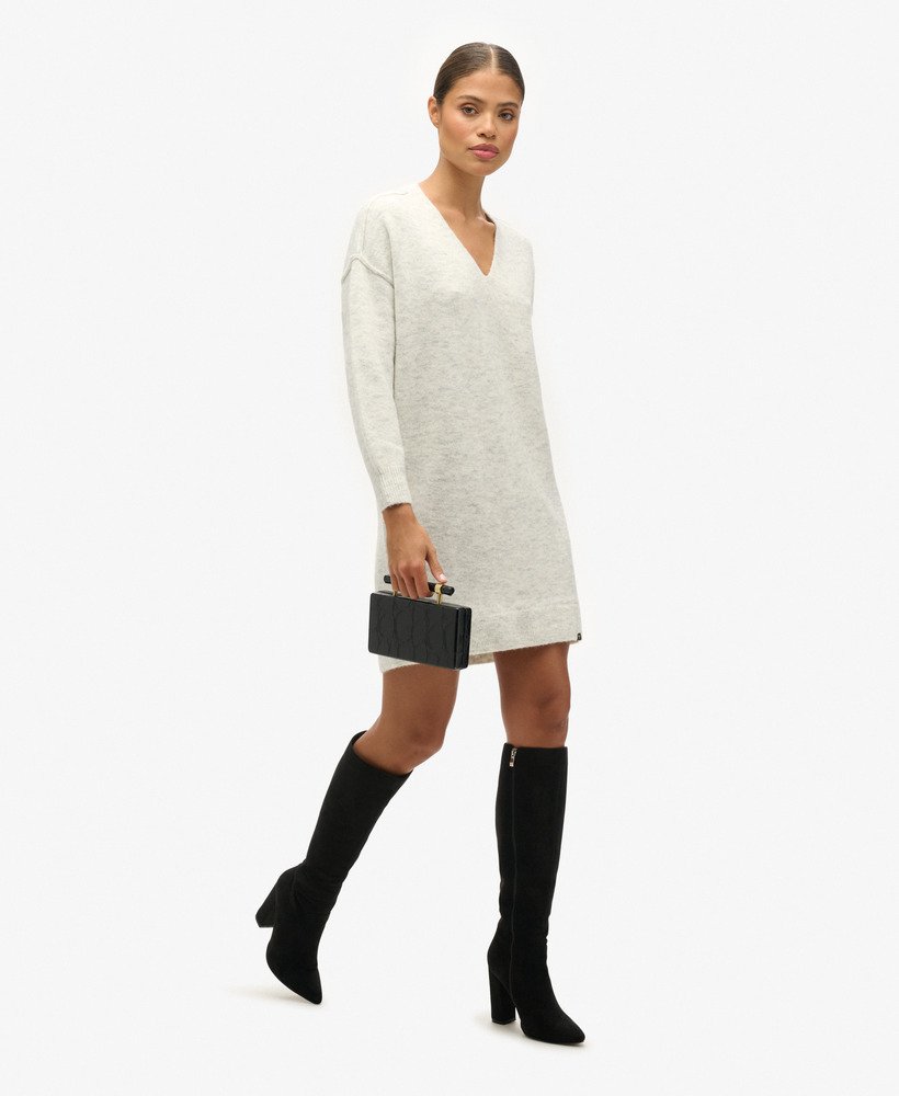 vestido de malha com decote em v na cor cinza mesclado glaciar