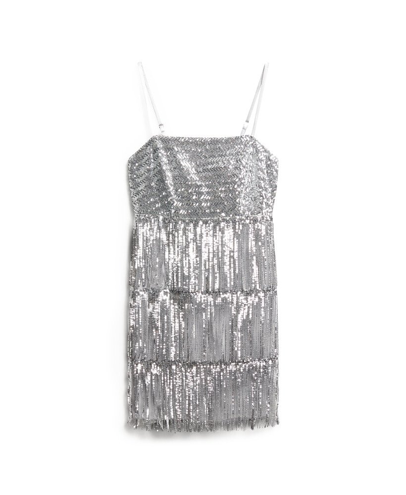 vestido curto de alças com franjas em lantejoulas prateadas