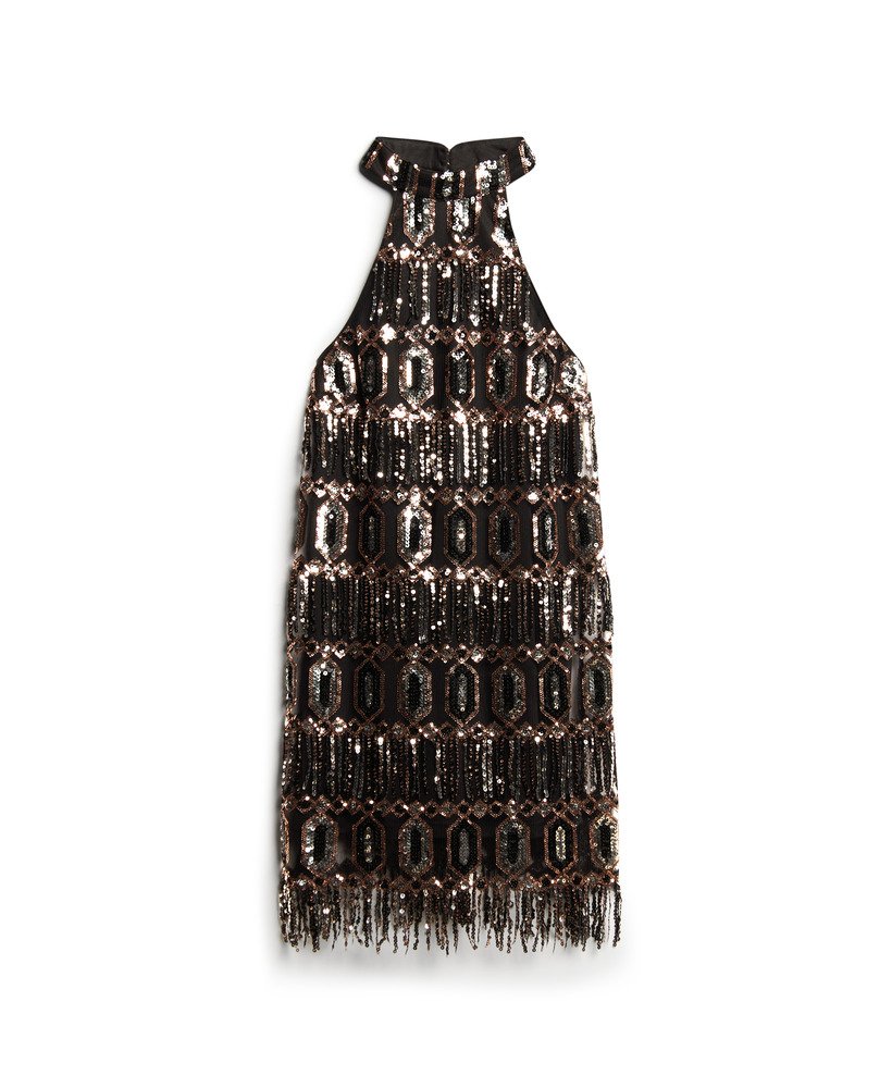 vestido evasê com decote halter e franjas decorativas em lantejoulas.