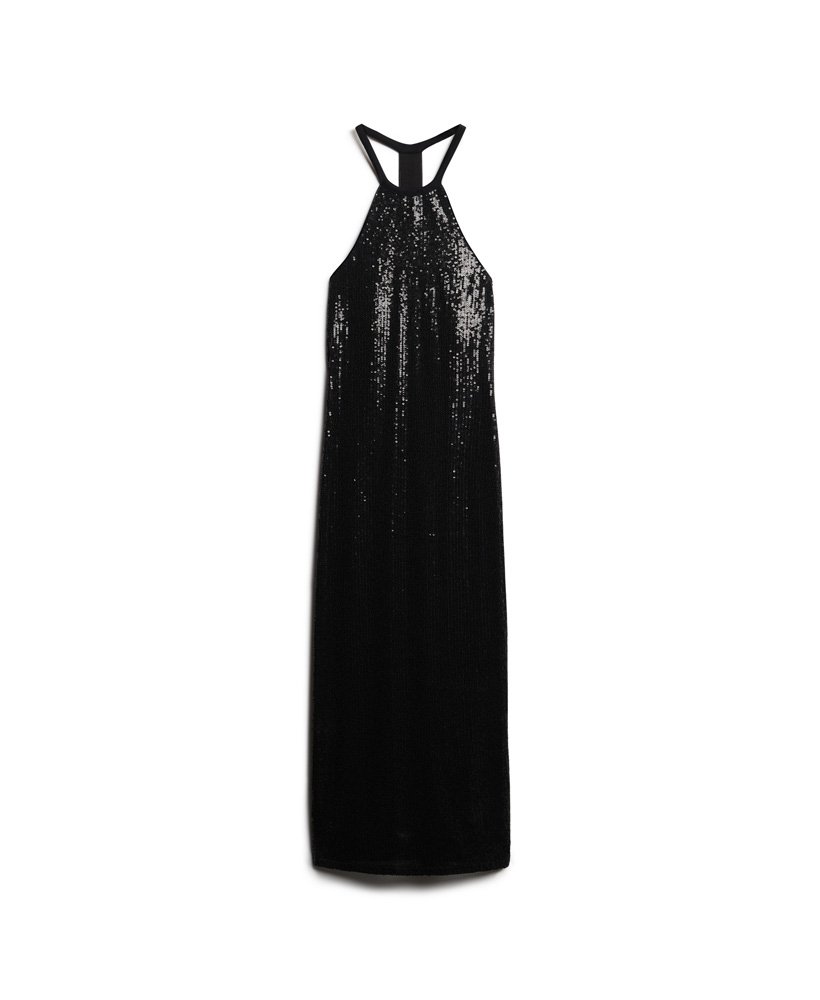 vestido midi de lantejoulas com decote halter na cor preta.