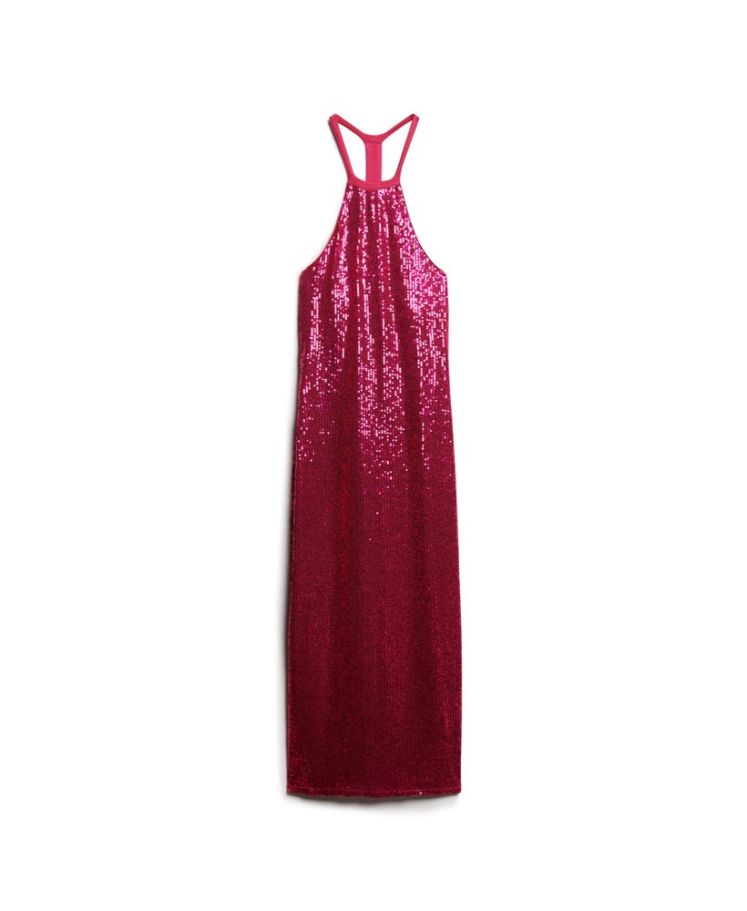 vestido midi com decote halter e lantejoulas na cor rosa magenta.