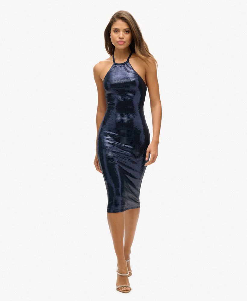 vestido midi de lantejoulas com decote halter na cor azul marinho.