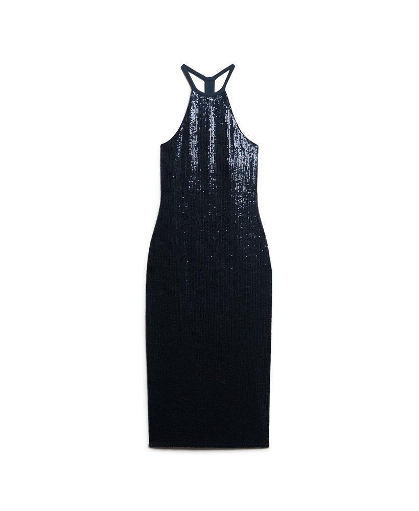 vestido midi de lantejoulas com decote halter na cor azul marinho.