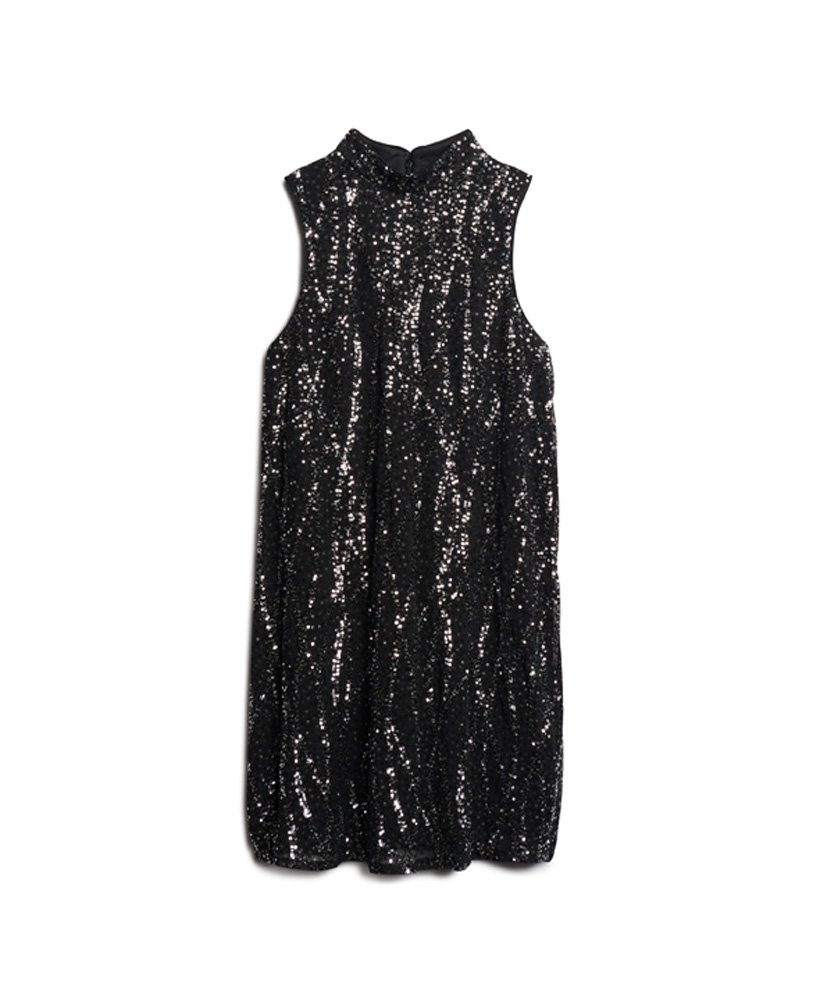 vestido curto evasê sem mangas com lantejoulas pretas.