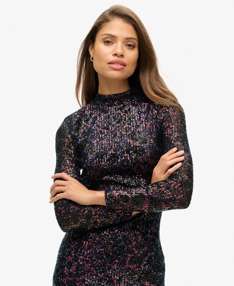 vestido midi de lantejoulas com decote nas costas em estampa de lantejoulas multicoloridas na cor midnight.