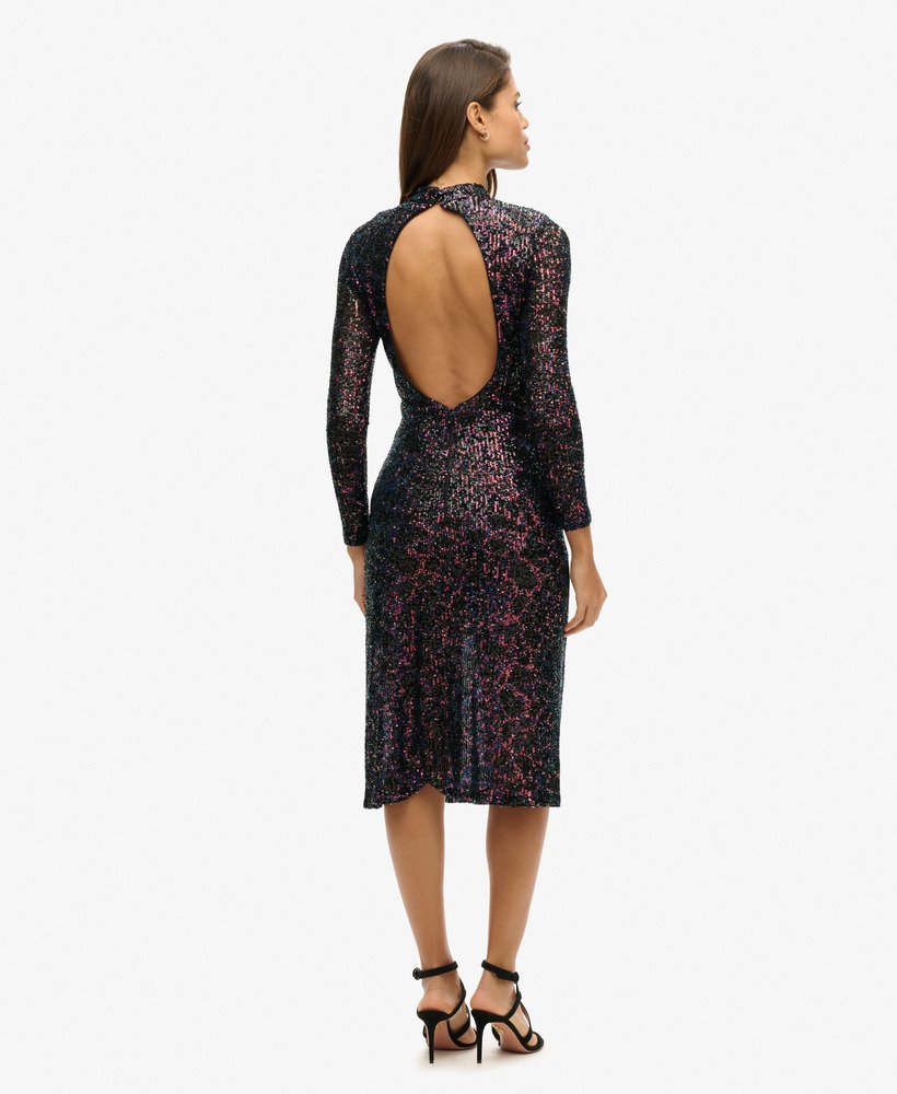 vestido midi de lantejoulas com decote nas costas em estampa de lantejoulas multicoloridas na cor midnight.