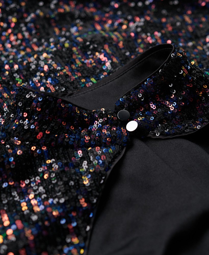 vestido midi de lantejoulas com decote nas costas em estampa de lantejoulas multicoloridas na cor midnight.
