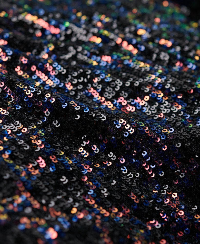 vestido midi de lantejoulas com decote nas costas em estampa de lantejoulas multicoloridas na cor midnight.