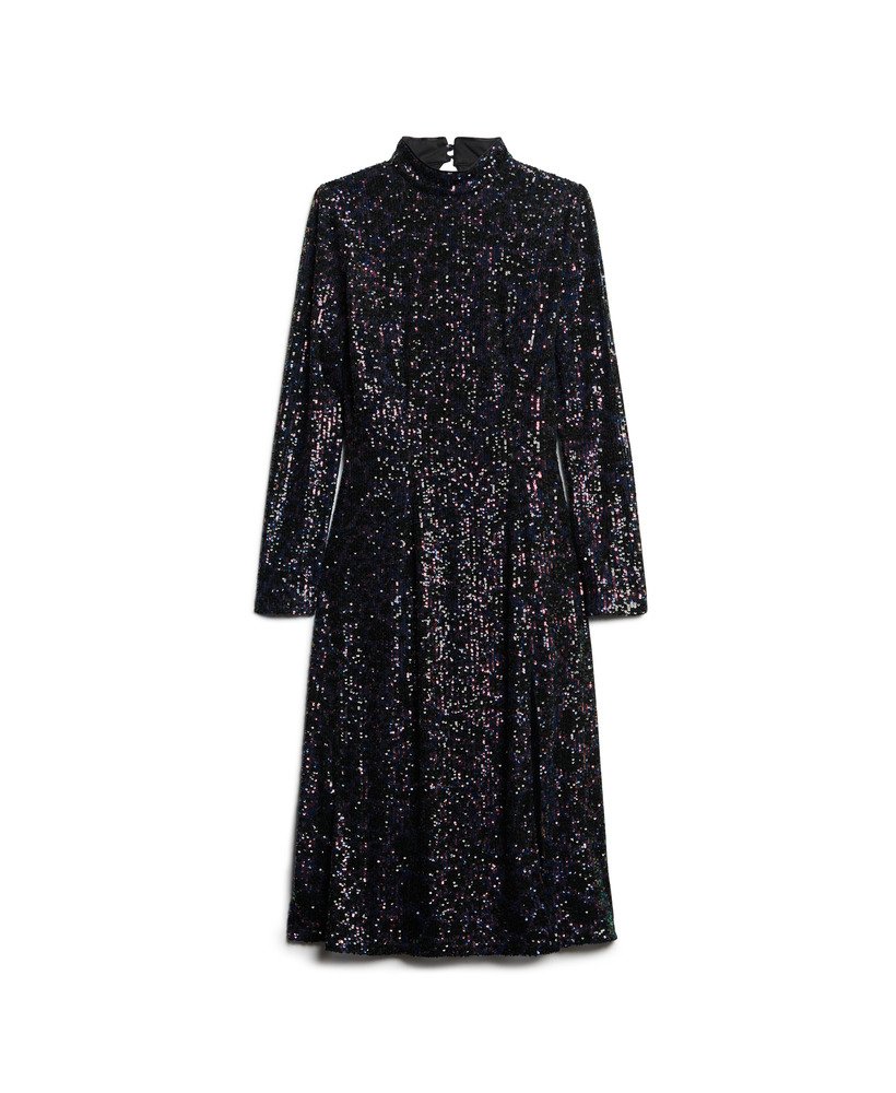 vestido midi de lantejoulas com decote nas costas em estampa de lantejoulas multicoloridas na cor midnight.
