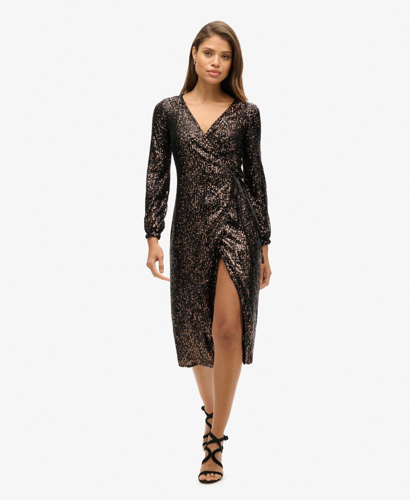 vestido longo envelope com lantejoulas em cobrepreto