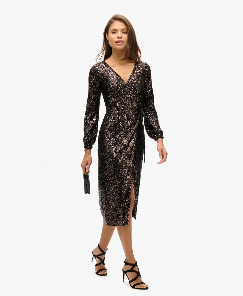 vestido longo envelope com lantejoulas em cobrepreto