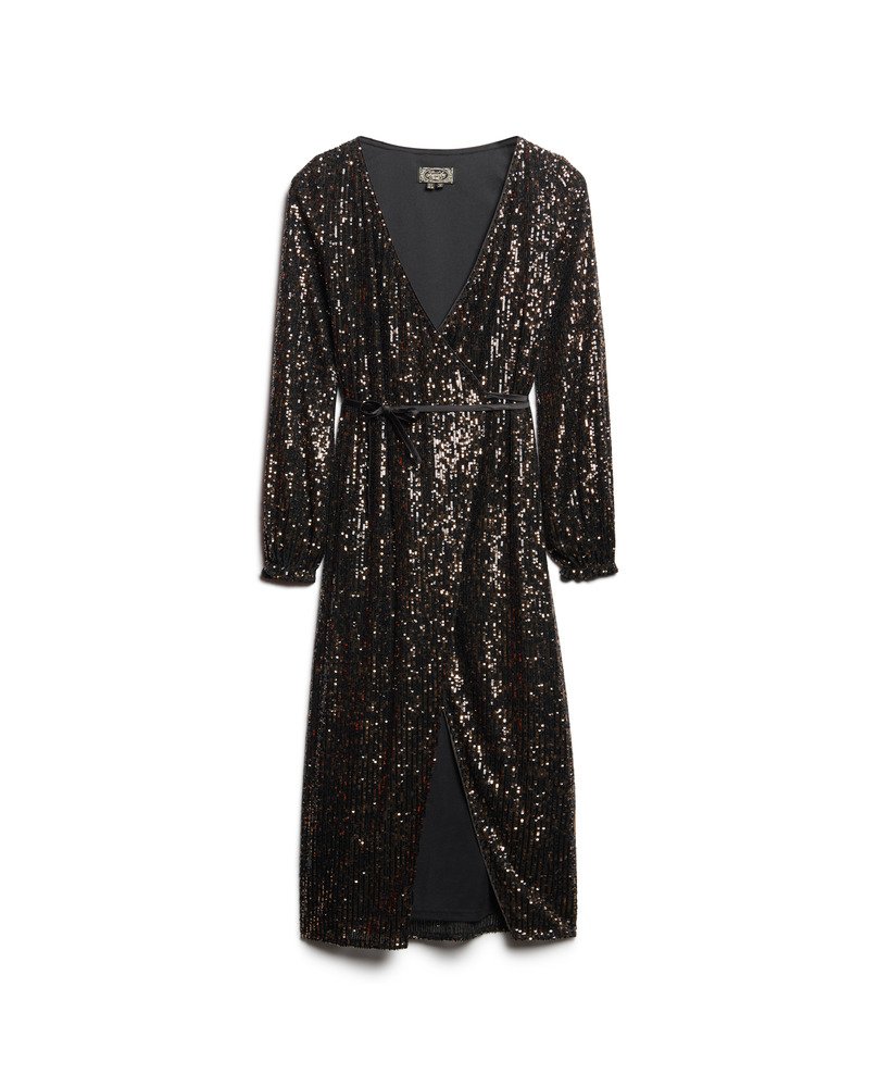 vestido longo envelope com lantejoulas em cobrepreto